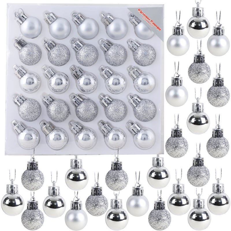 Christmas ConceptsÂ® Pack of 25-25mm Mini Christmas Tree Baubles - Shiny, Matte & Glitter Decorated Ornaments (Silver) - Image 1